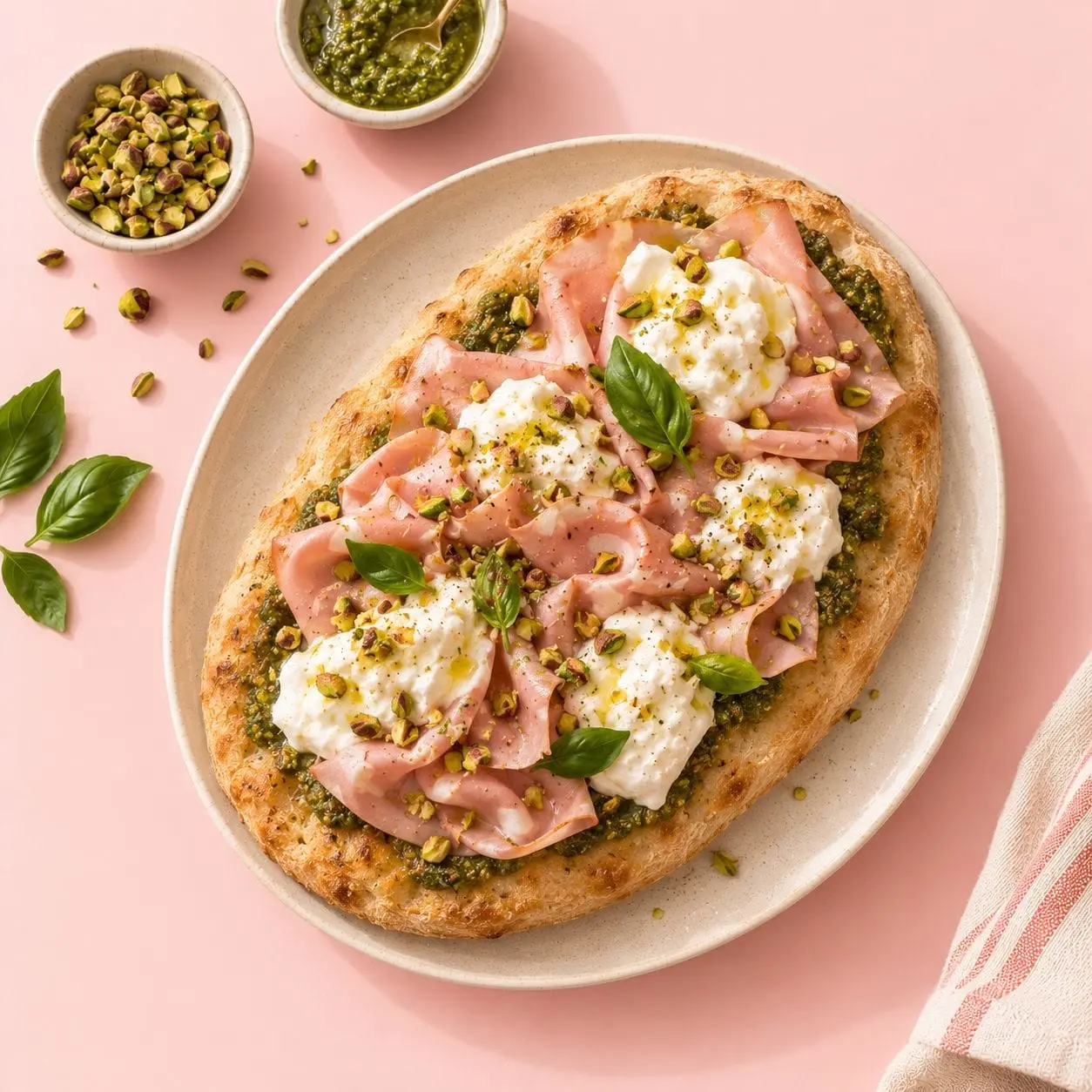 Pinsa mortadelle, stracciatella et pesto de pistaches