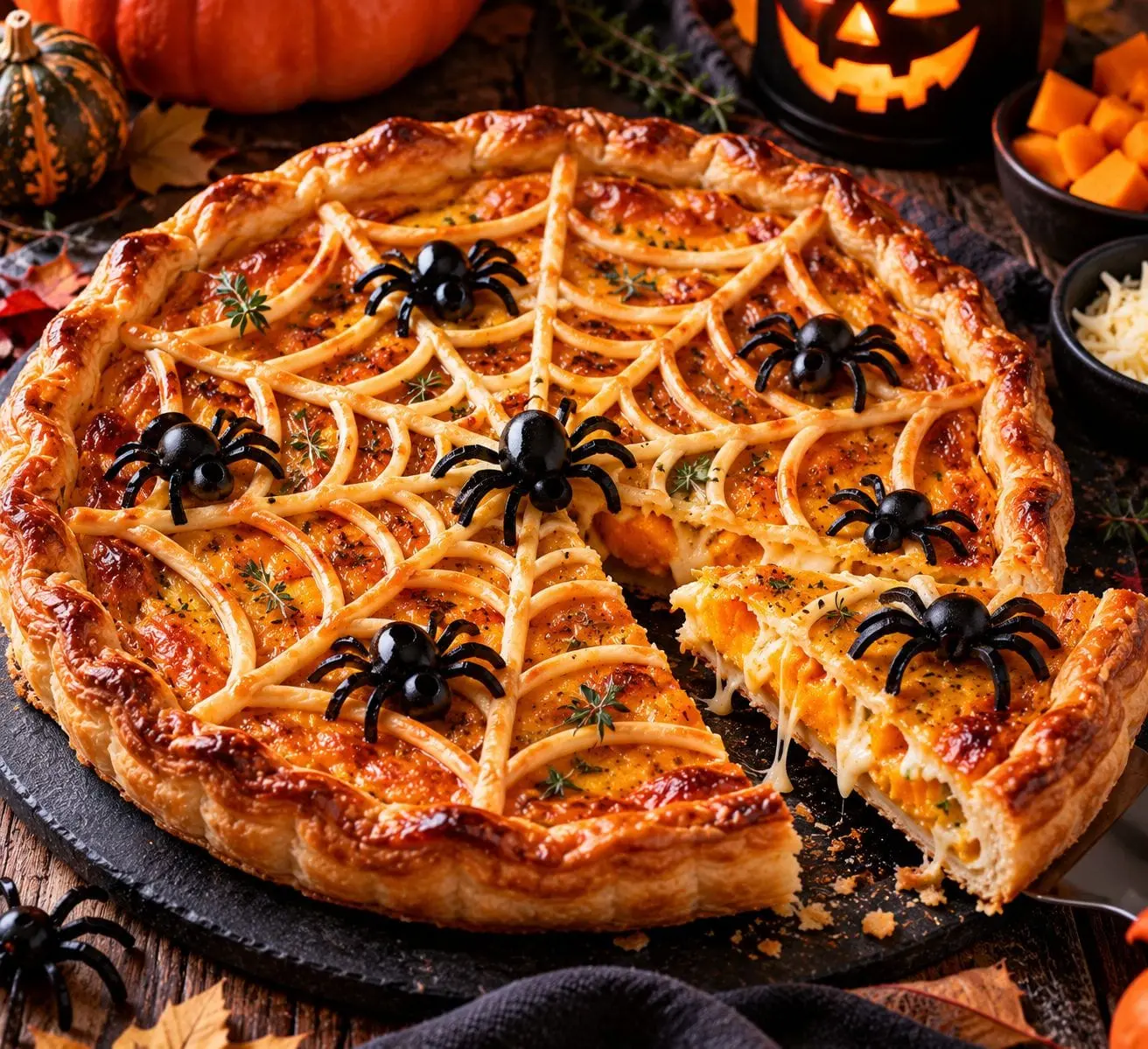 Tarte d’Halloween aux potirons avec sa toile et ses araignées