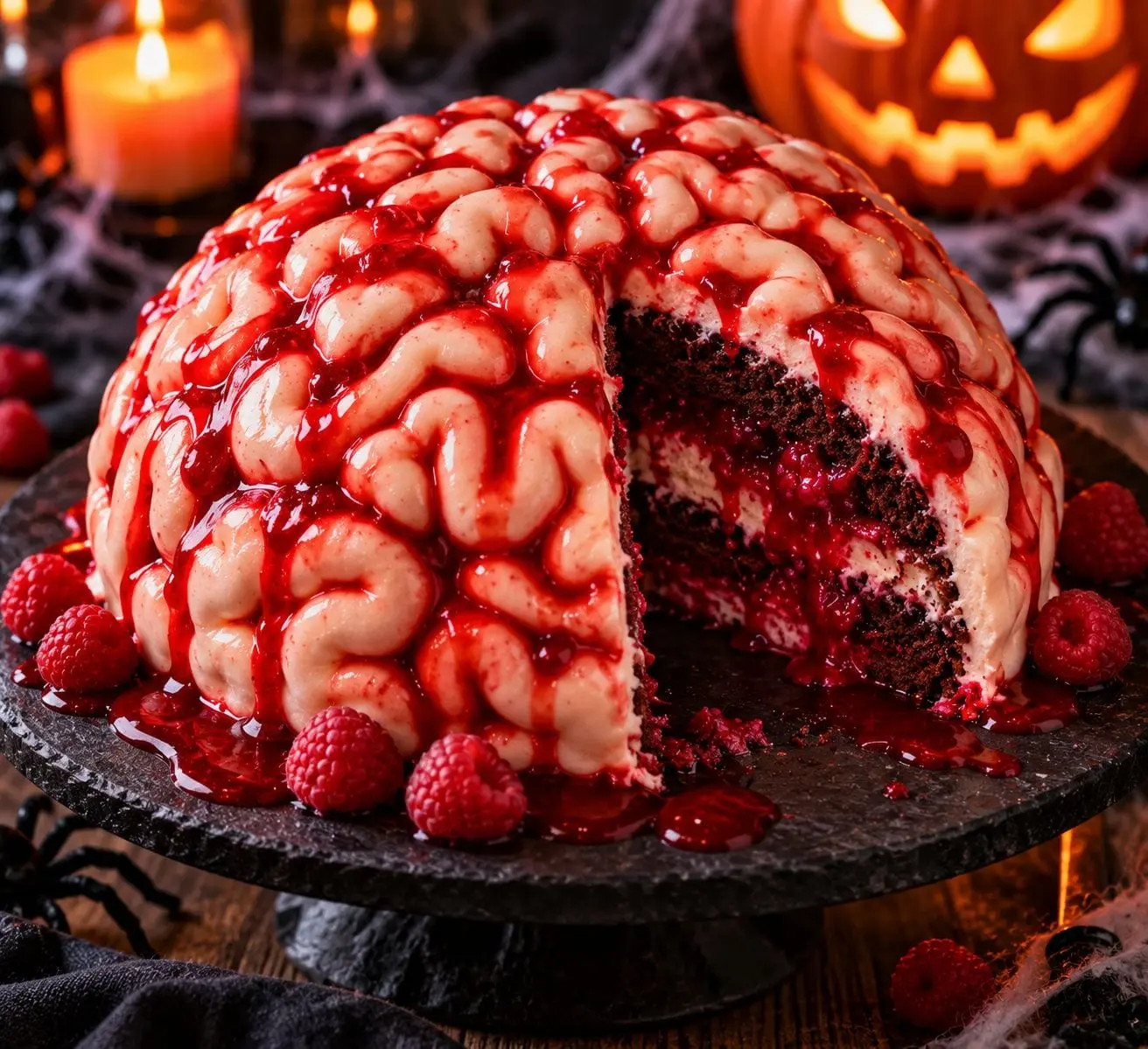 Gâteau cerveau d'halloween aux framboises