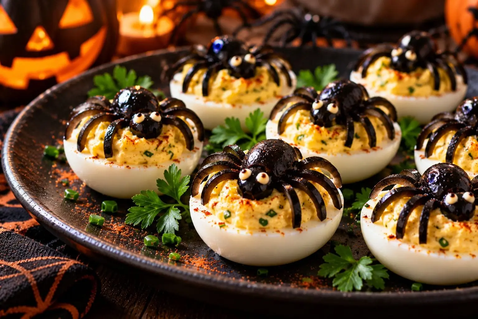 Œufs mimosa d'Halloween aux araignées noires