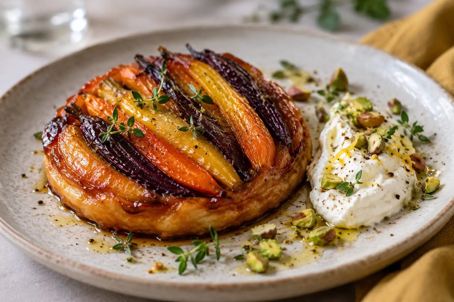 tatin de carottes au miel, crème de chèvre citronnée et crumble de pistaches