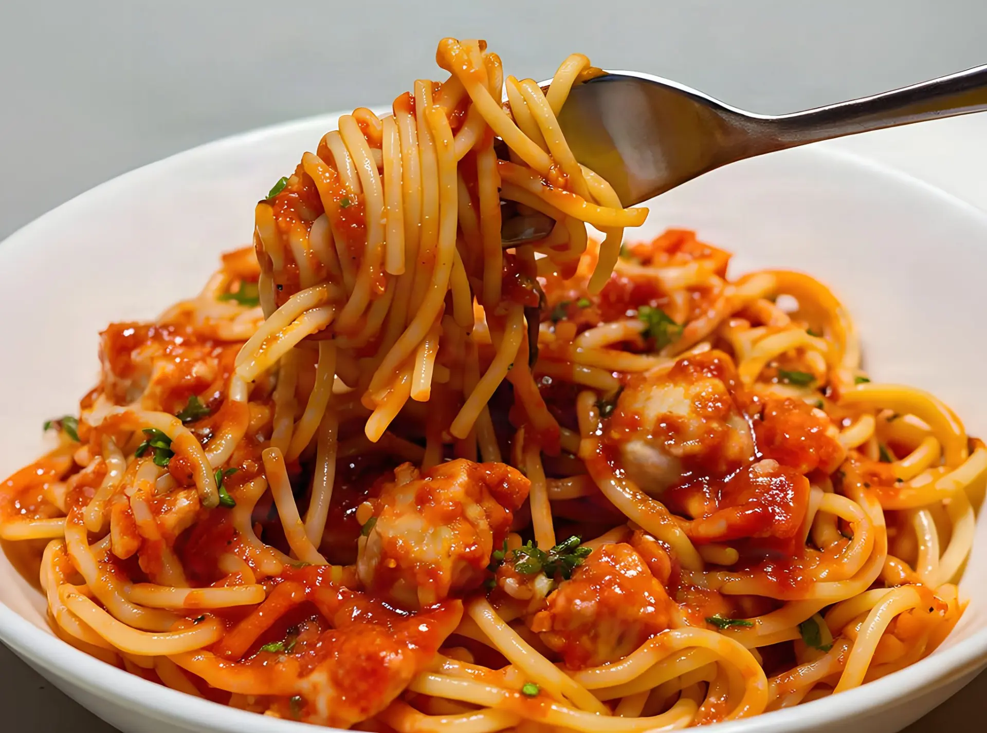 Spaghetti à la sauce tomate et boulettes de poulet