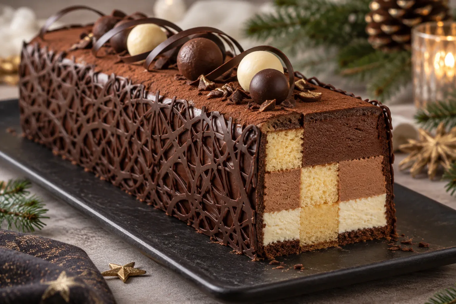 Bûche de Noël aux trois chocolats