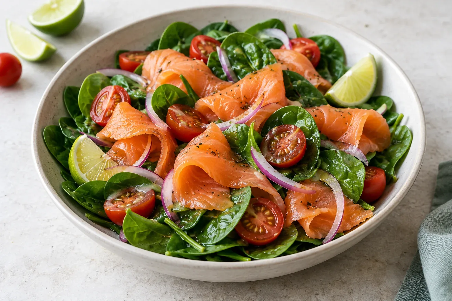 Recette salade de saumon avec tomates et épinards au jus de citron vert